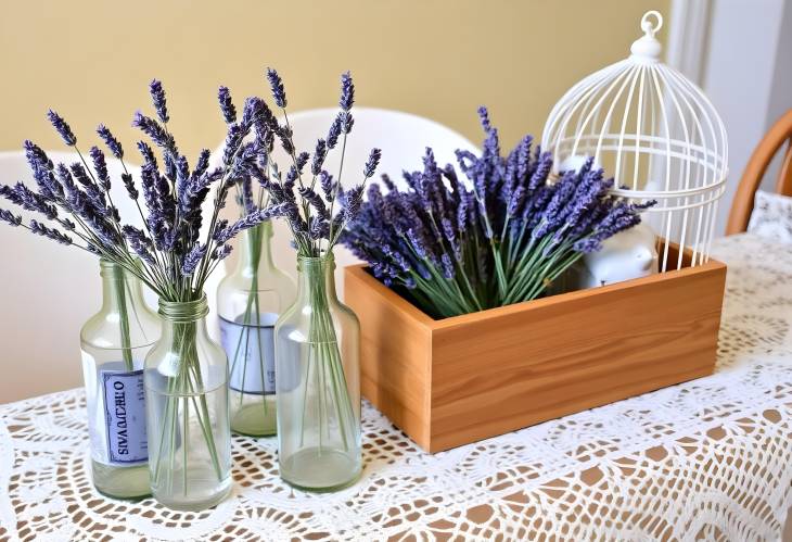 Lavender Elegance Bottles, Birdcage, and Wooden Box on Crochet Tablecloth